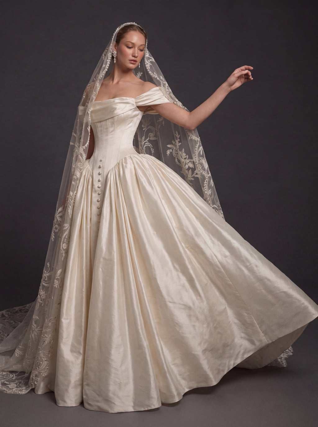 Pearl Champagne Satin Ball Gown Wedding Dress – Off-the-Shoulder Draped Neckline, Basque Waist Corset & Embroidered Cathedral Veil