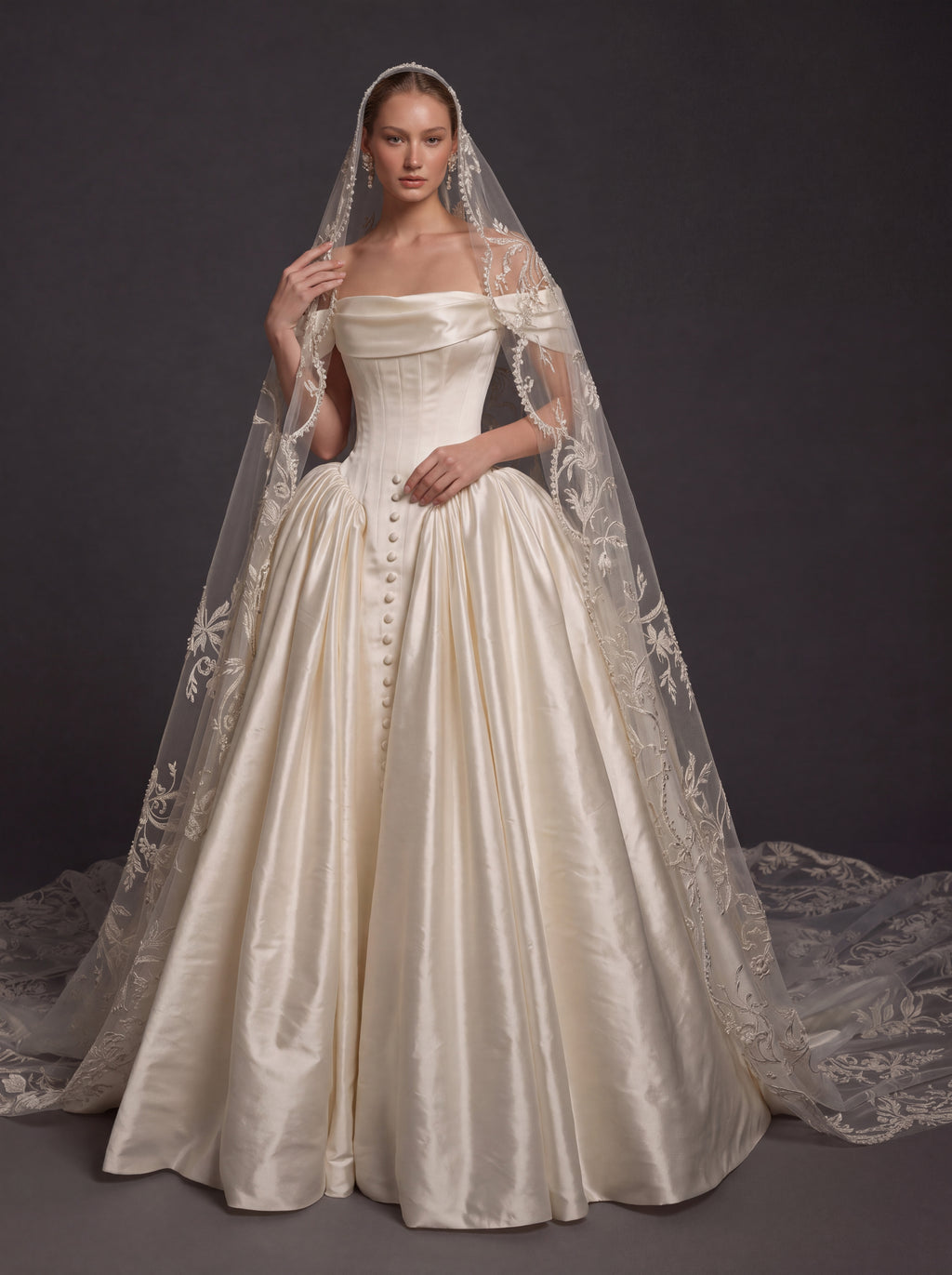 Pearl Champagne Satin Ball Gown Wedding Dress – Off-the-Shoulder Draped Neckline, Basque Waist Corset & Embroidered Cathedral Veil