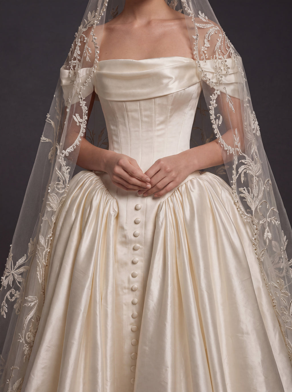 Pearl Champagne Satin Ball Gown Wedding Dress – Off-the-Shoulder Draped Neckline, Basque Waist Corset & Embroidered Cathedral Veil