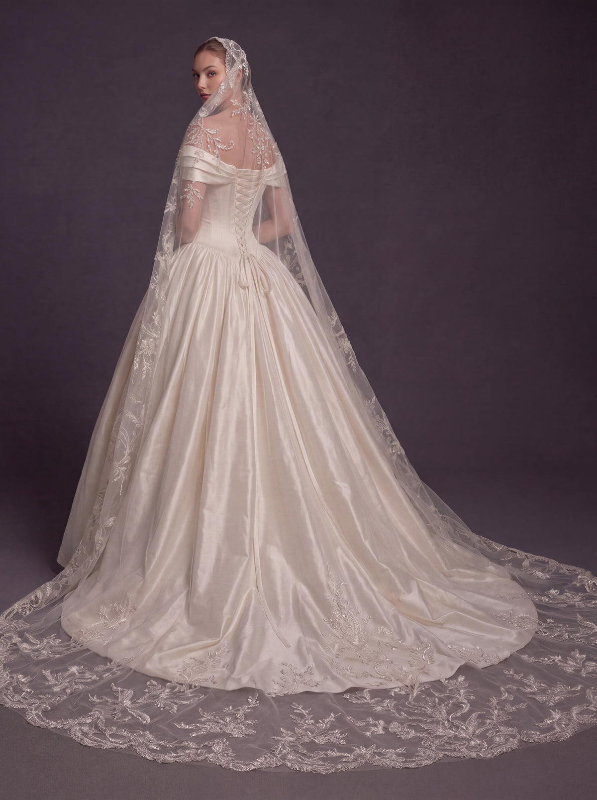 Pearl Champagne Satin Ball Gown Wedding Dress – Off-the-Shoulder Draped Neckline, Basque Waist Corset & Embroidered Cathedral Veil
