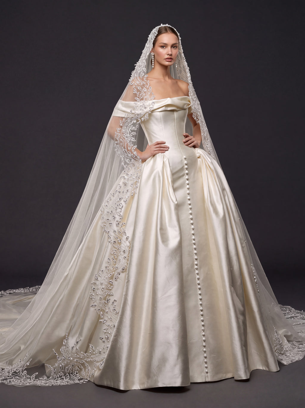 Champagne Ivory Satin Royal Ball Gown Wedding Dress – Off-the-Shoulder Folded Neckline, Sculpted Corset & Beaded Cathedral Veil