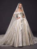 Champagne Ivory Satin Royal Ball Gown Wedding Dress – Off-the-Shoulder Folded Neckline, Sculpted Corset & Beaded Cathedral Veil