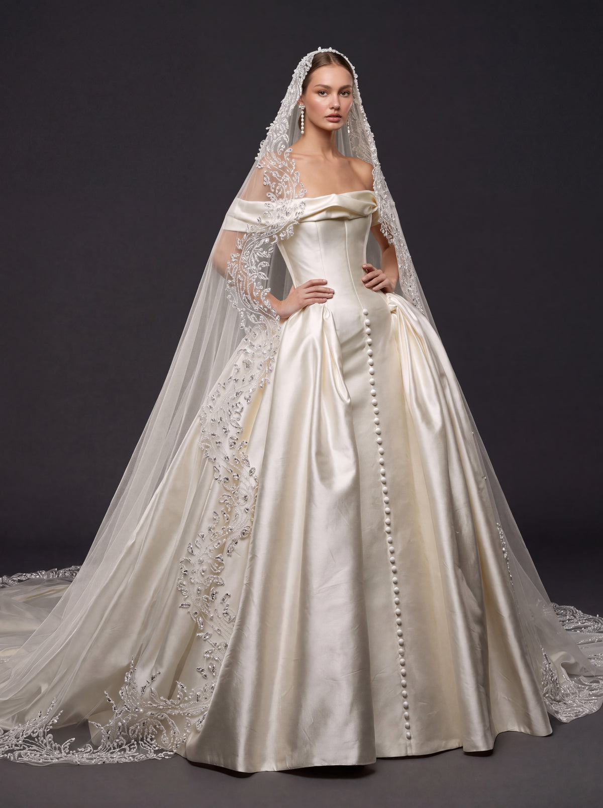 Champagne Ivory Satin Royal Ball Gown Wedding Dress – Off-the-Shoulder Folded Neckline, Sculpted Corset & Beaded Cathedral Veil