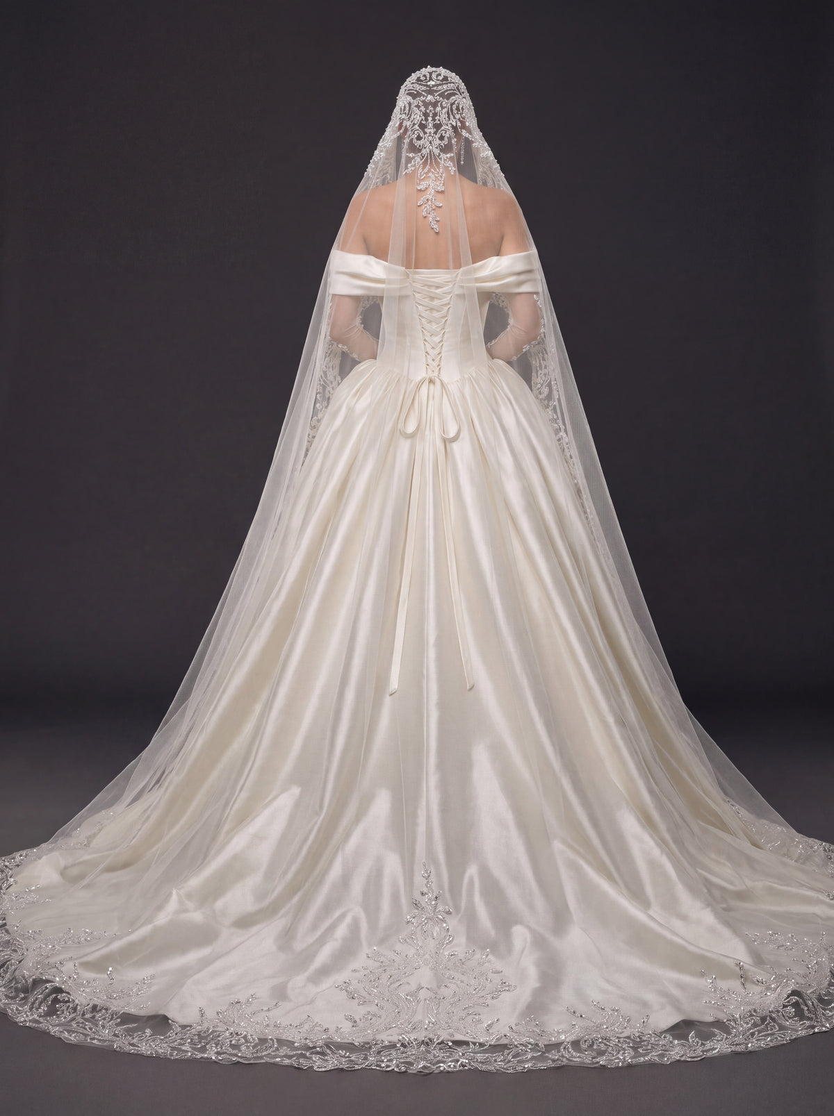 Champagne Ivory Satin Royal Ball Gown Wedding Dress – Off-the-Shoulder Folded Neckline, Sculpted Corset & Beaded Cathedral Veil