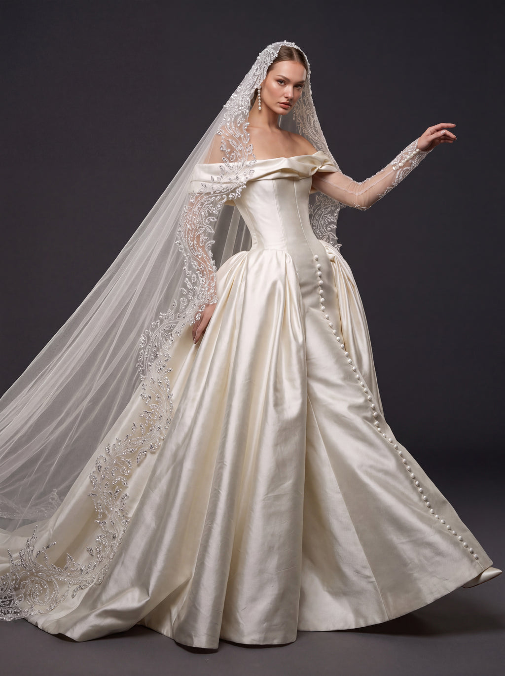 Champagne Ivory Satin Royal Ball Gown Wedding Dress – Off-the-Shoulder Folded Neckline, Sculpted Corset & Beaded Cathedral Veil