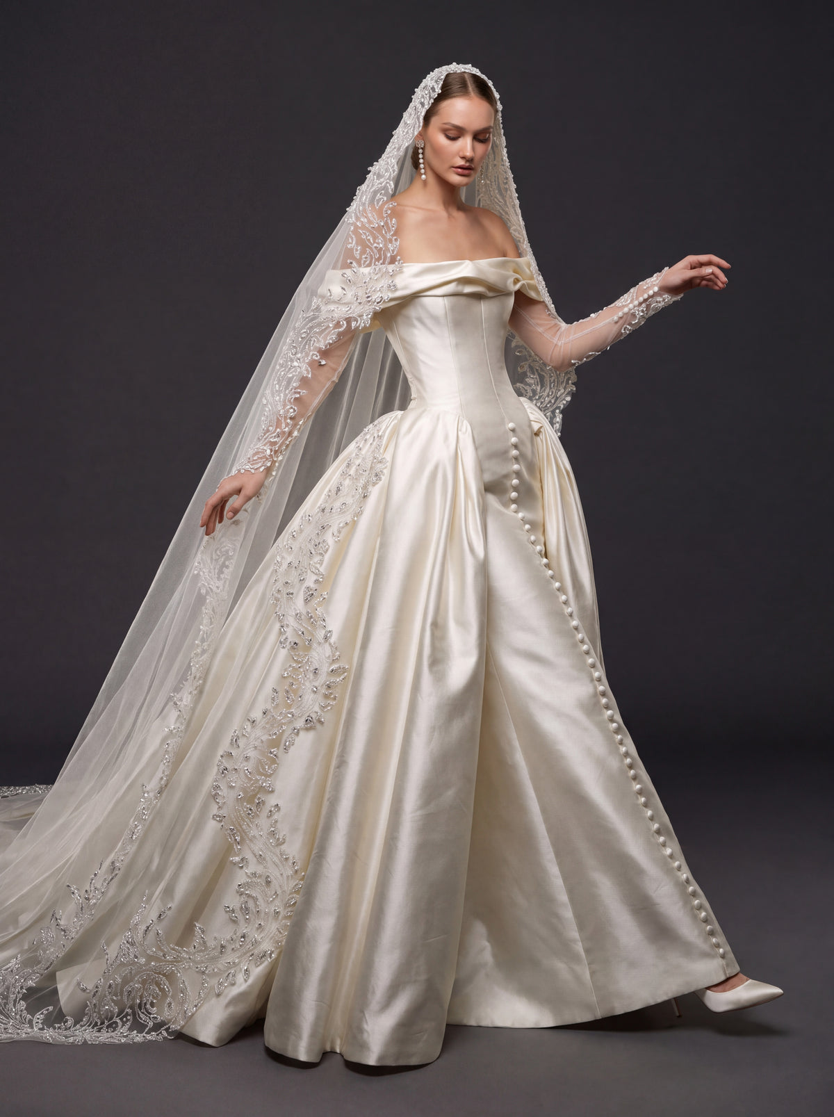 Champagne Ivory Satin Royal Ball Gown Wedding Dress – Off-the-Shoulder Folded Neckline, Sculpted Corset & Beaded Cathedral Veil