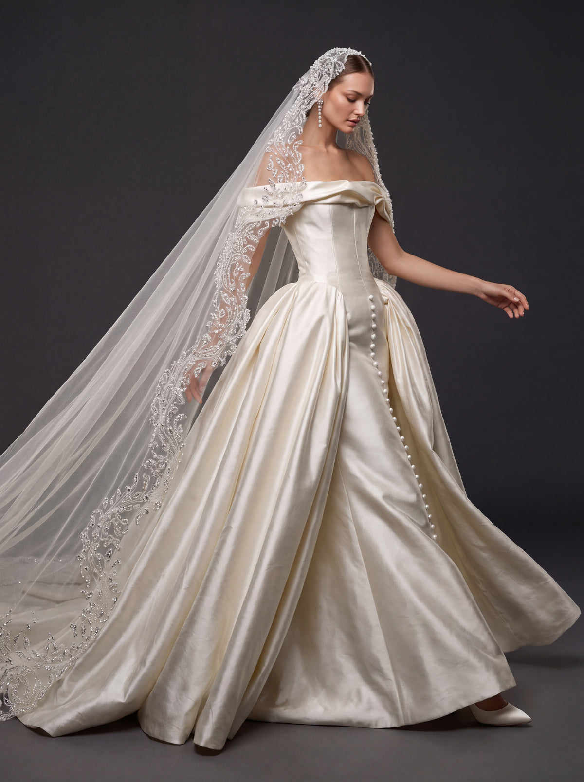 Champagne Ivory Satin Royal Ball Gown Wedding Dress – Off-the-Shoulder Folded Neckline, Sculpted Corset & Beaded Cathedral Veil