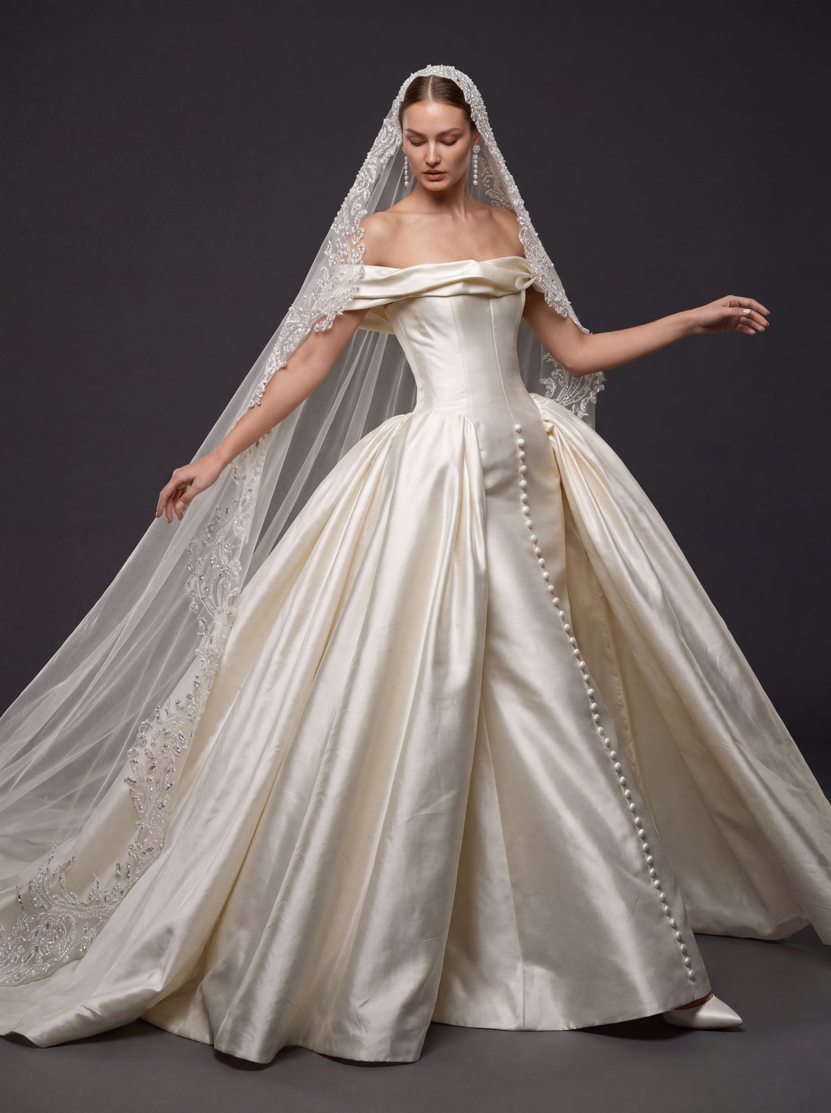Champagne Ivory Satin Royal Ball Gown Wedding Dress – Off-the-Shoulder Folded Neckline, Sculpted Corset & Beaded Cathedral Veil