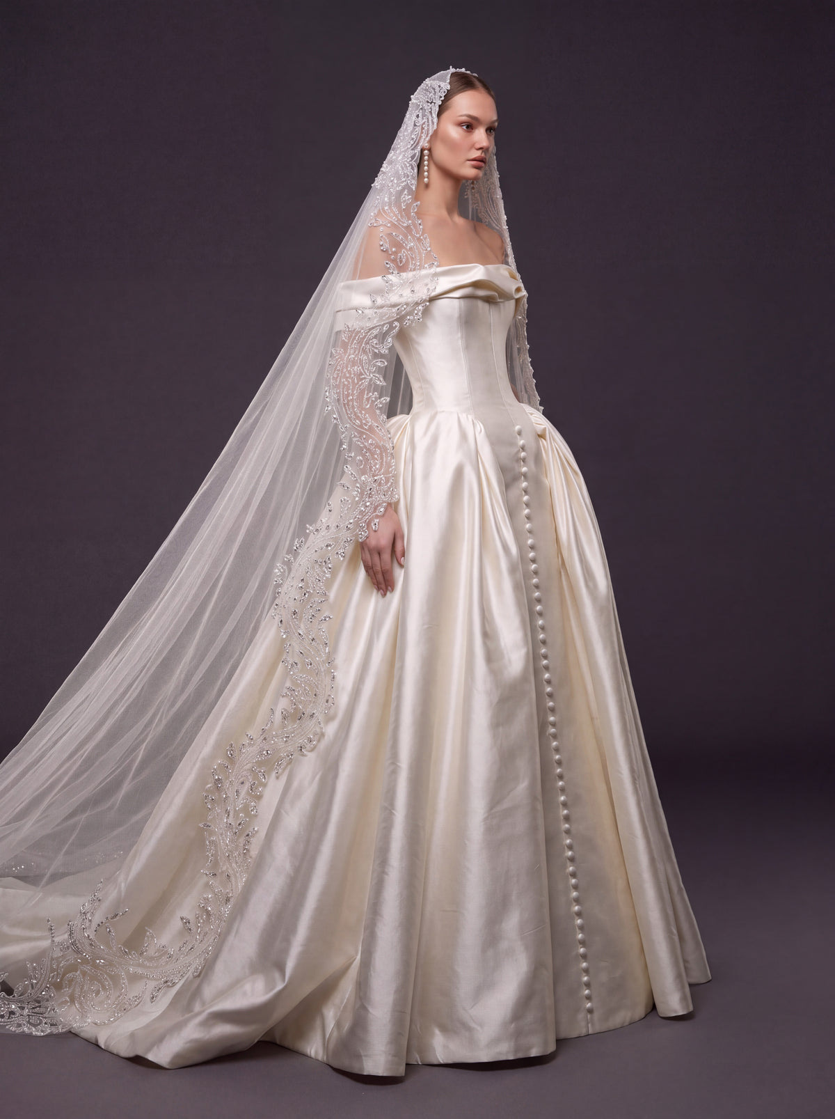 Champagne Ivory Satin Royal Ball Gown Wedding Dress – Off-the-Shoulder Folded Neckline, Sculpted Corset & Beaded Cathedral Veil