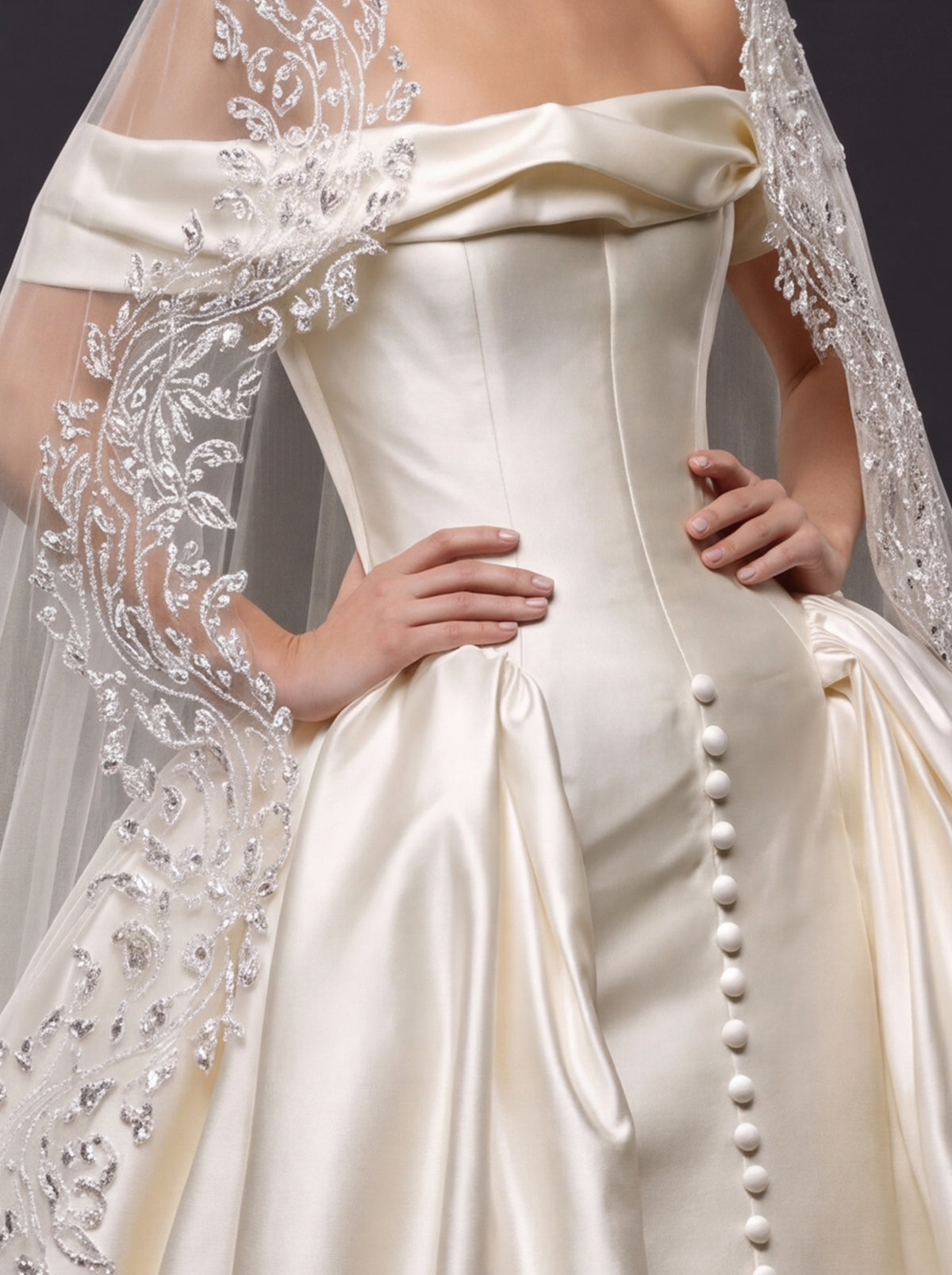 Champagne Ivory Satin Royal Ball Gown Wedding Dress – Off-the-Shoulder Folded Neckline, Sculpted Corset & Beaded Cathedral Veil