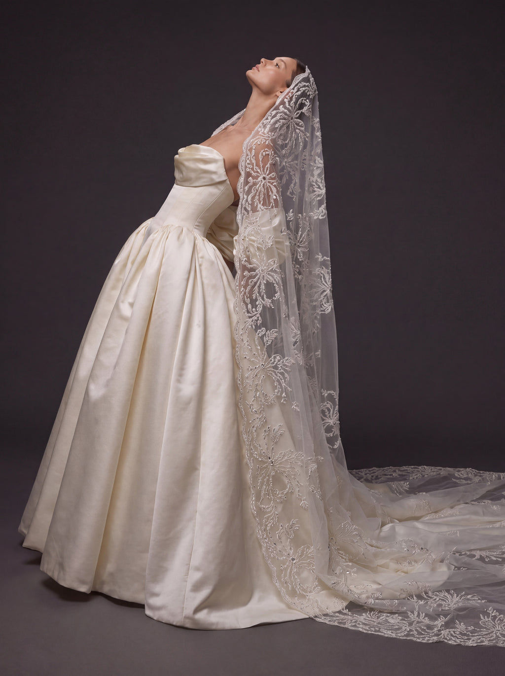 Pearl Ivory Satin Basque Waist Ball Gown Wedding Dress – Draped Strapless Neckline, Detachable Puff Sleeves & Embroidered Cathedral Veil