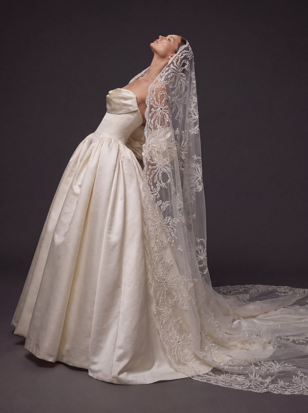 Pearl Ivory Satin Basque Waist Ball Gown Wedding Dress – Draped Strapless Neckline, Detachable Puff Sleeves & Embroidered Cathedral Veil