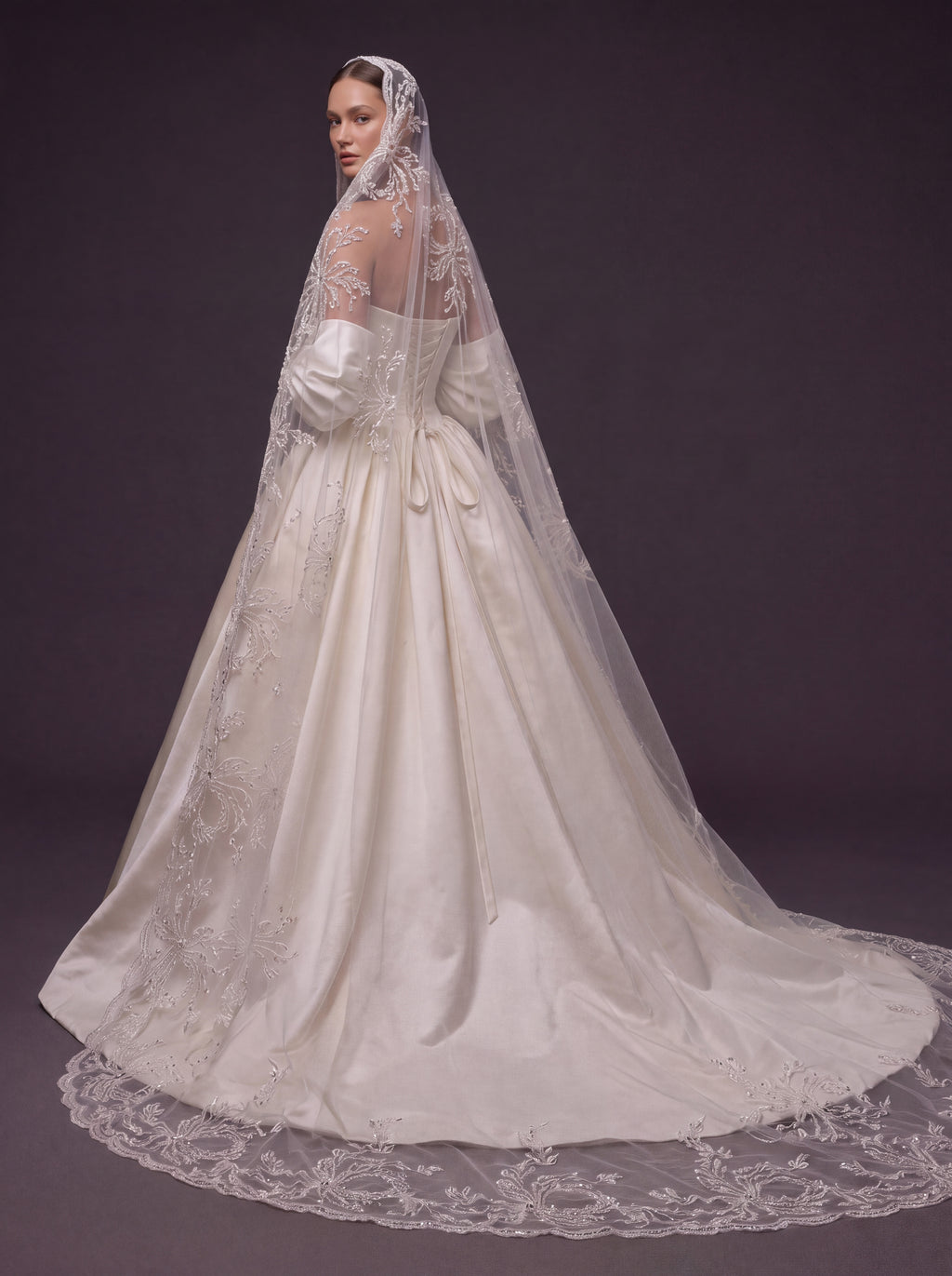 Pearl Ivory Satin Basque Waist Ball Gown Wedding Dress – Draped Strapless Neckline, Detachable Puff Sleeves & Embroidered Cathedral Veil