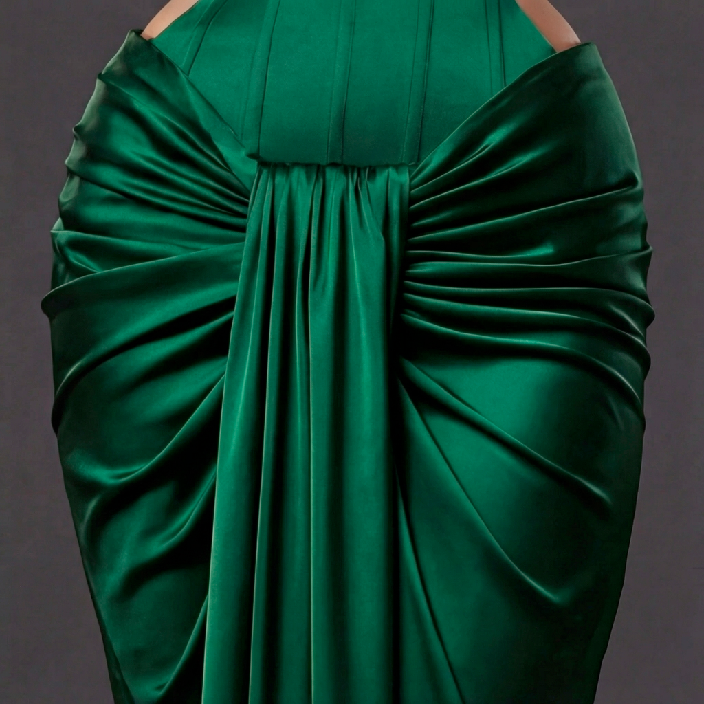 Emerald Green Satin Draped Gown – Sculpted Corset Evening Dress with Sweetheart Neckline & Hip Cutouts